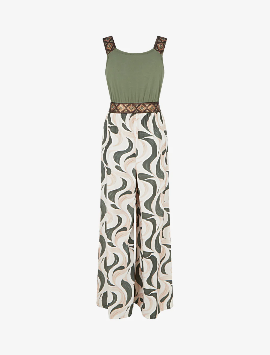Abstracte print jumpsuit met glinsterende bandjes - Kaki - Image 2