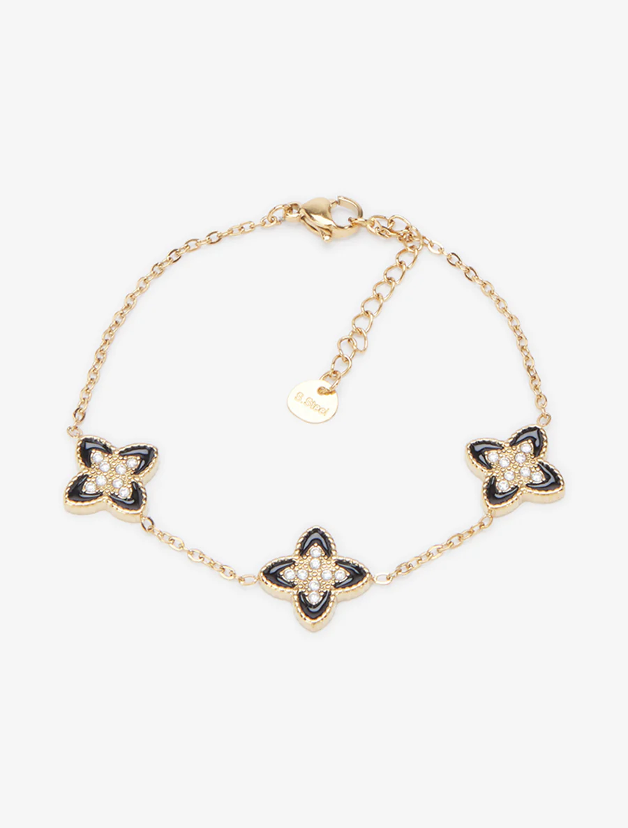 Armband met klavers versierd met witte zirkonia's - Goud/zwart - Image 2
