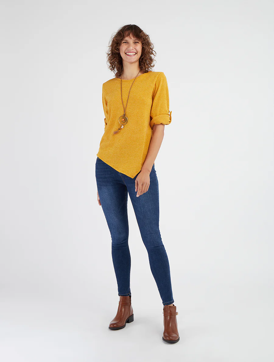 Asymmetrische dunne trui met oprolbare lange mouwen - Mosterdgeel - Image 4