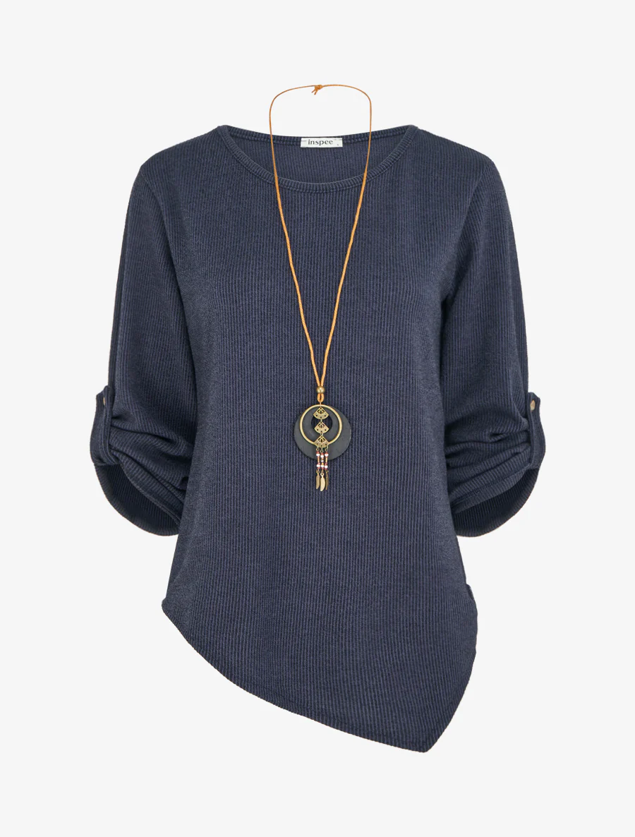 Asymmetrische dunne trui met oprolbare lange mouwen - Marine