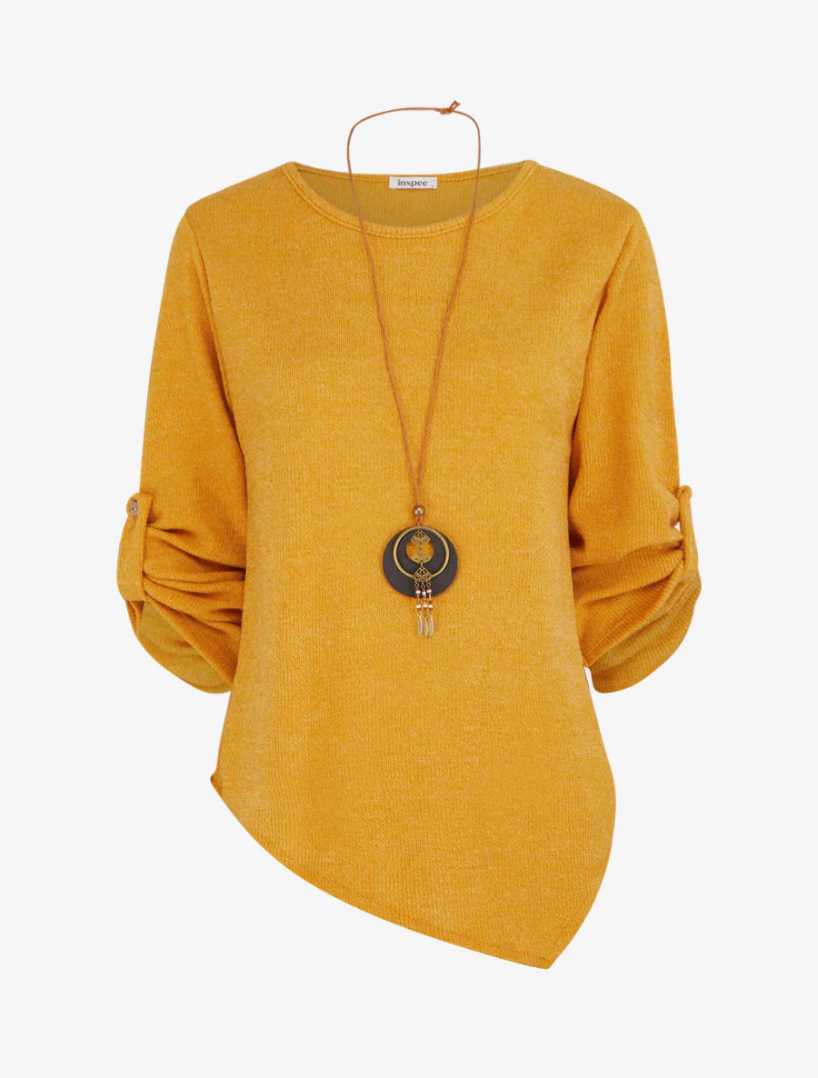 Asymmetrische dunne trui met oprolbare lange mouwen - Mosterdgeel