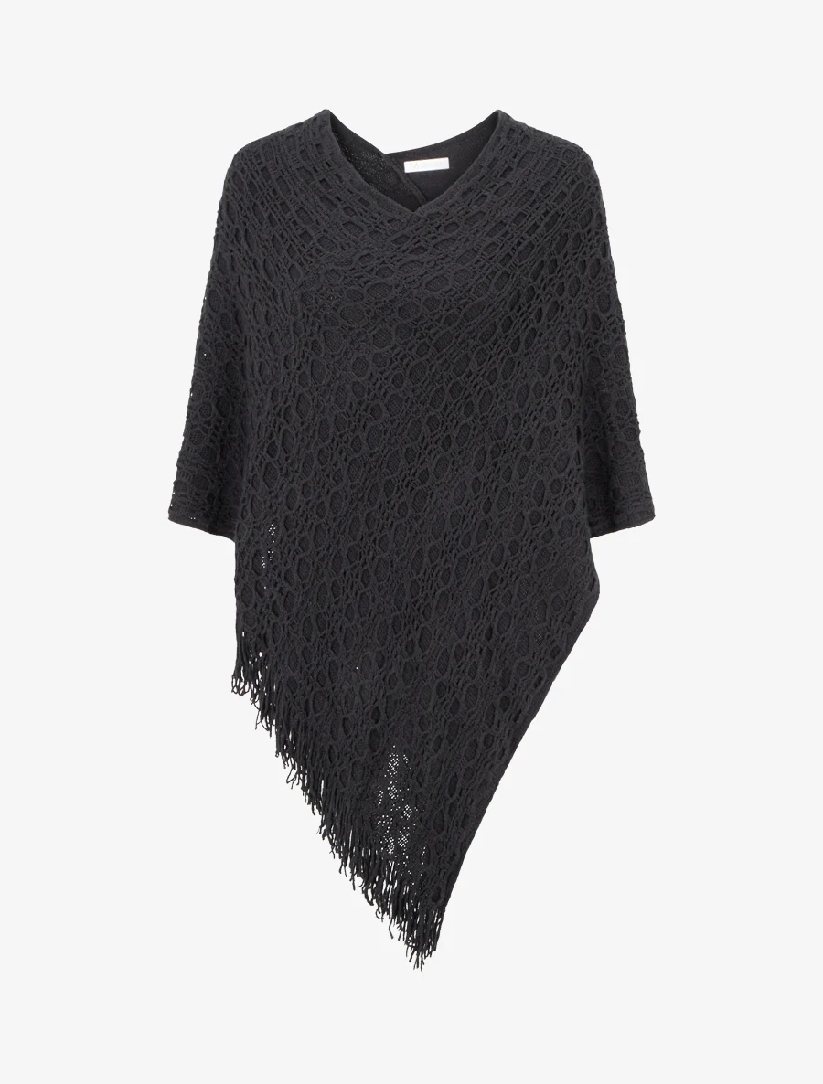 Asymmetrische effen poncho met franjes - Zwart
