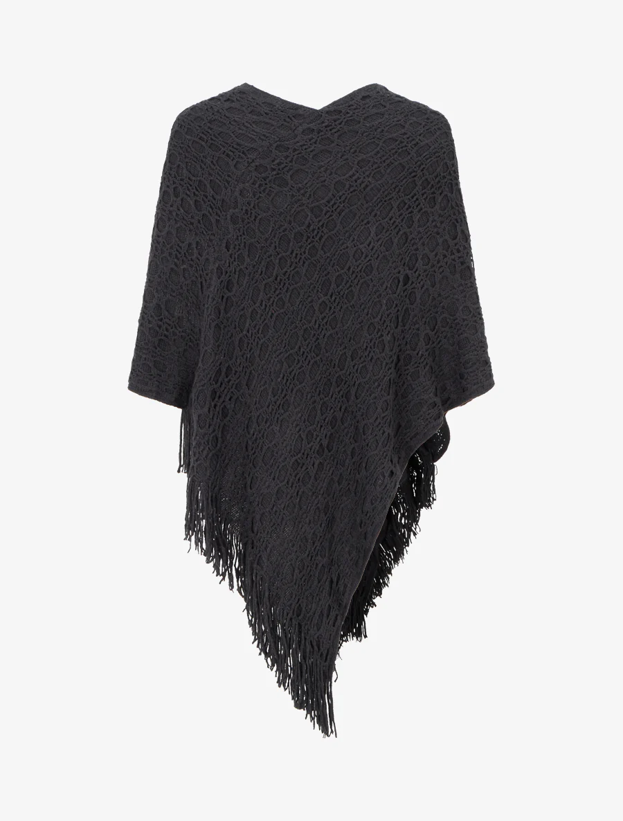 Asymmetrische effen poncho met franjes - Zwart - Image 2