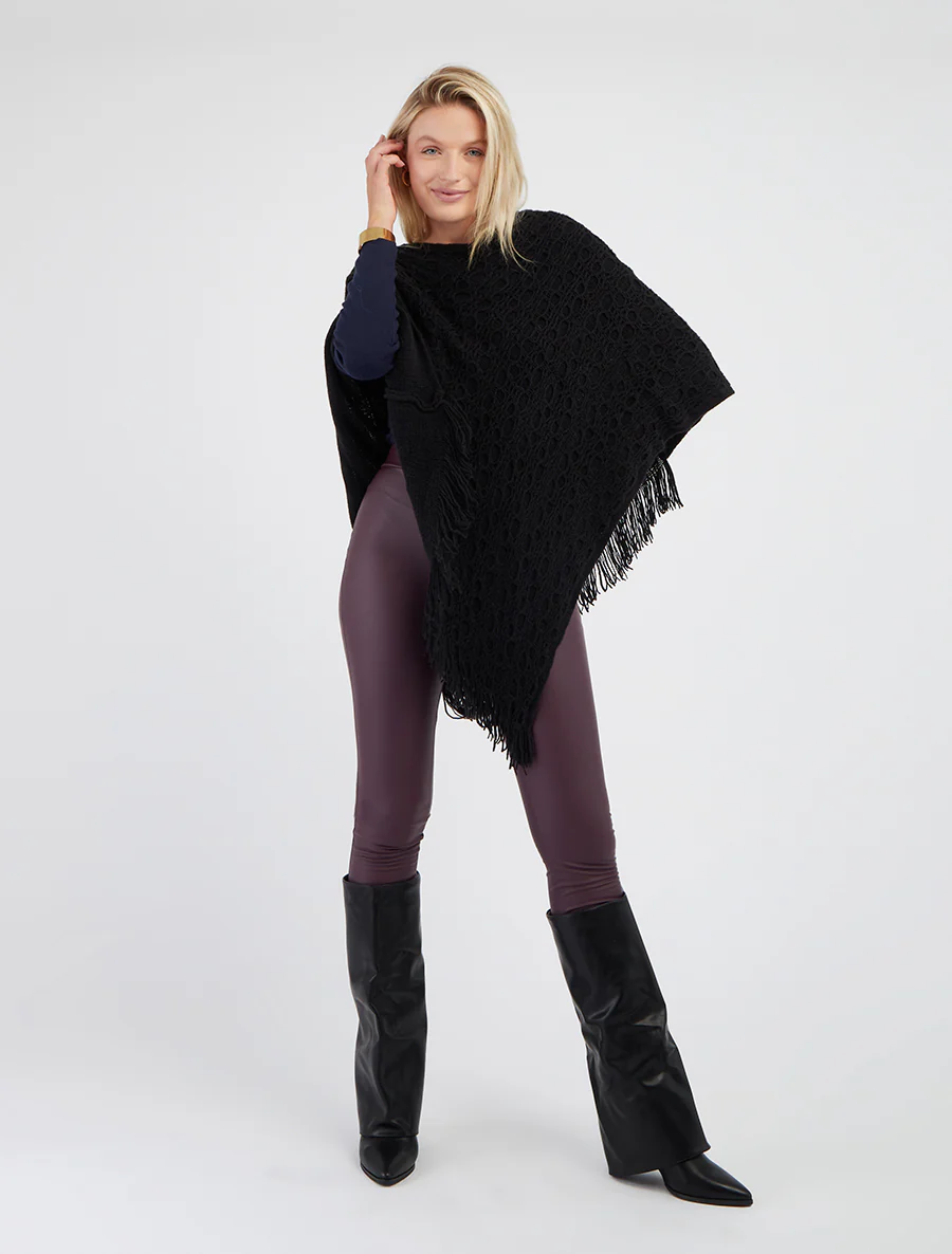 Asymmetrische effen poncho met franjes - Zwart - Image 5