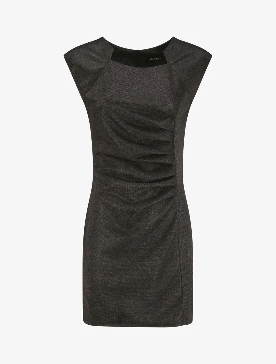 Glitterjurk met asymmetrische halslijn en gedrapeerd detail - Zwart