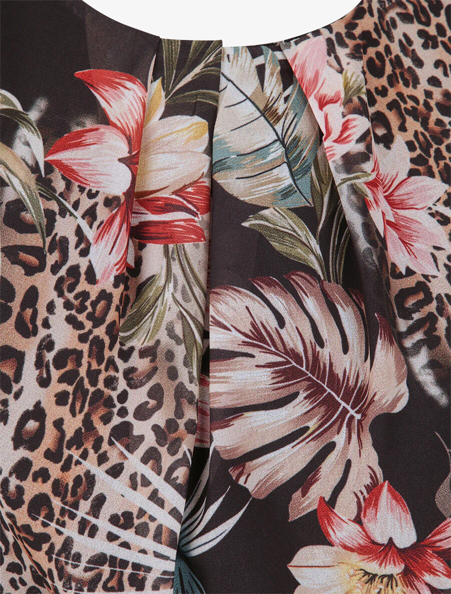 Asymmetrische jurk met tropische bladerenprint - Zwart - Image 3