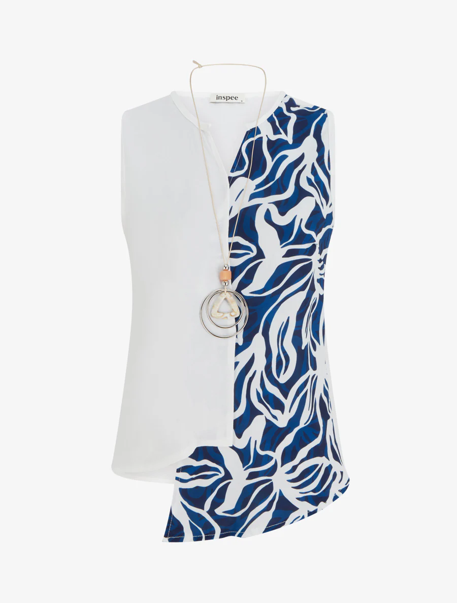 Asymmetrische mouwloze top met abstracte print - Marine