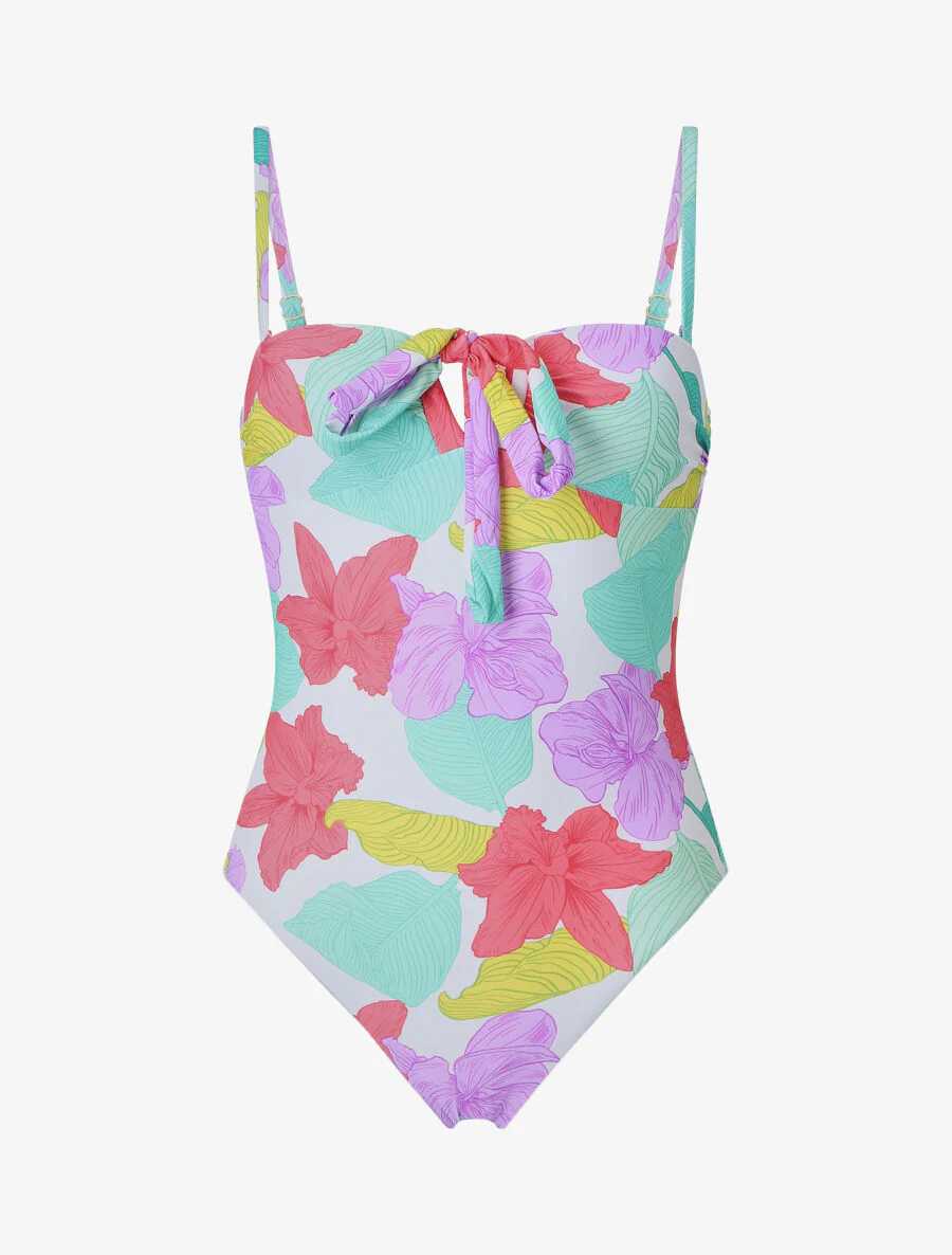 Bedrukte badpak met grote bloemen - Wit