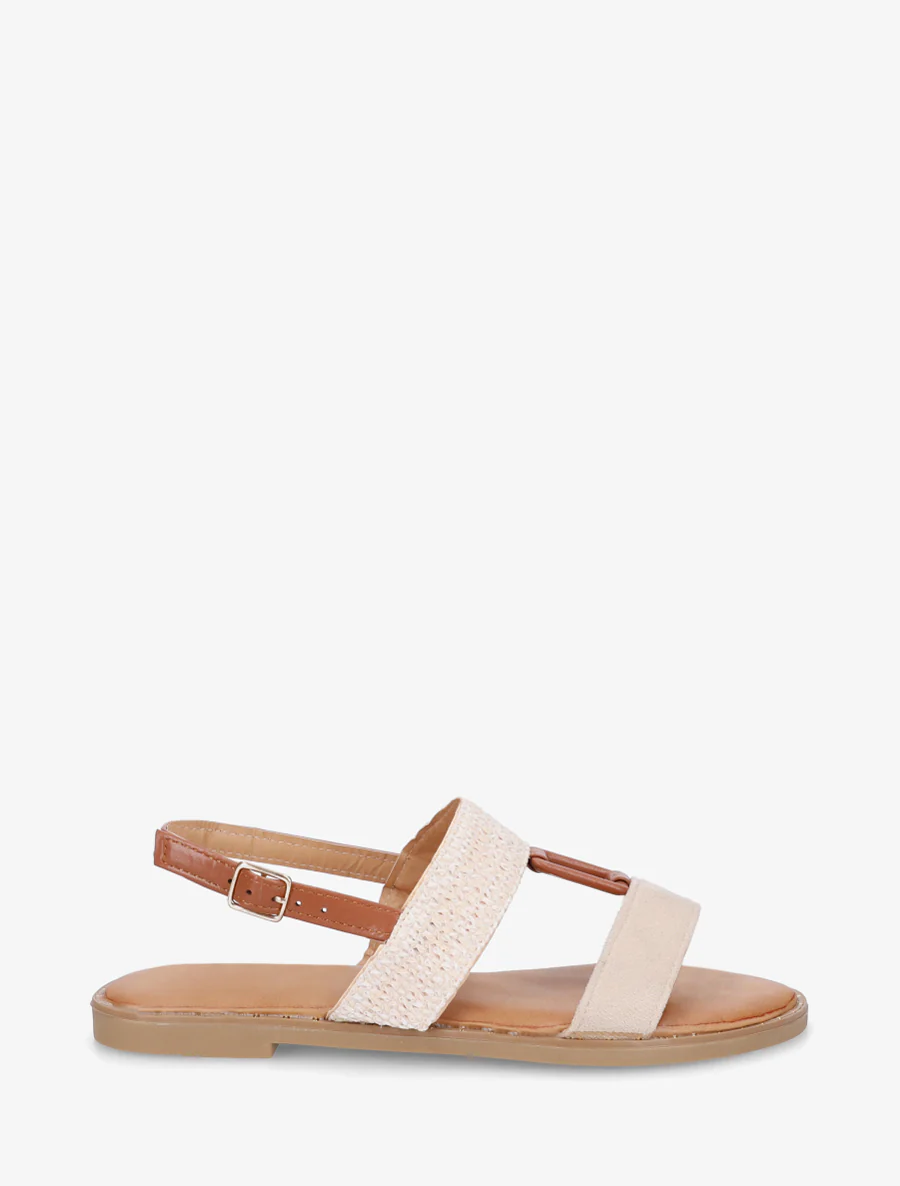 Bi-materiaal sandalen met rechthoekig sieraad - Beige