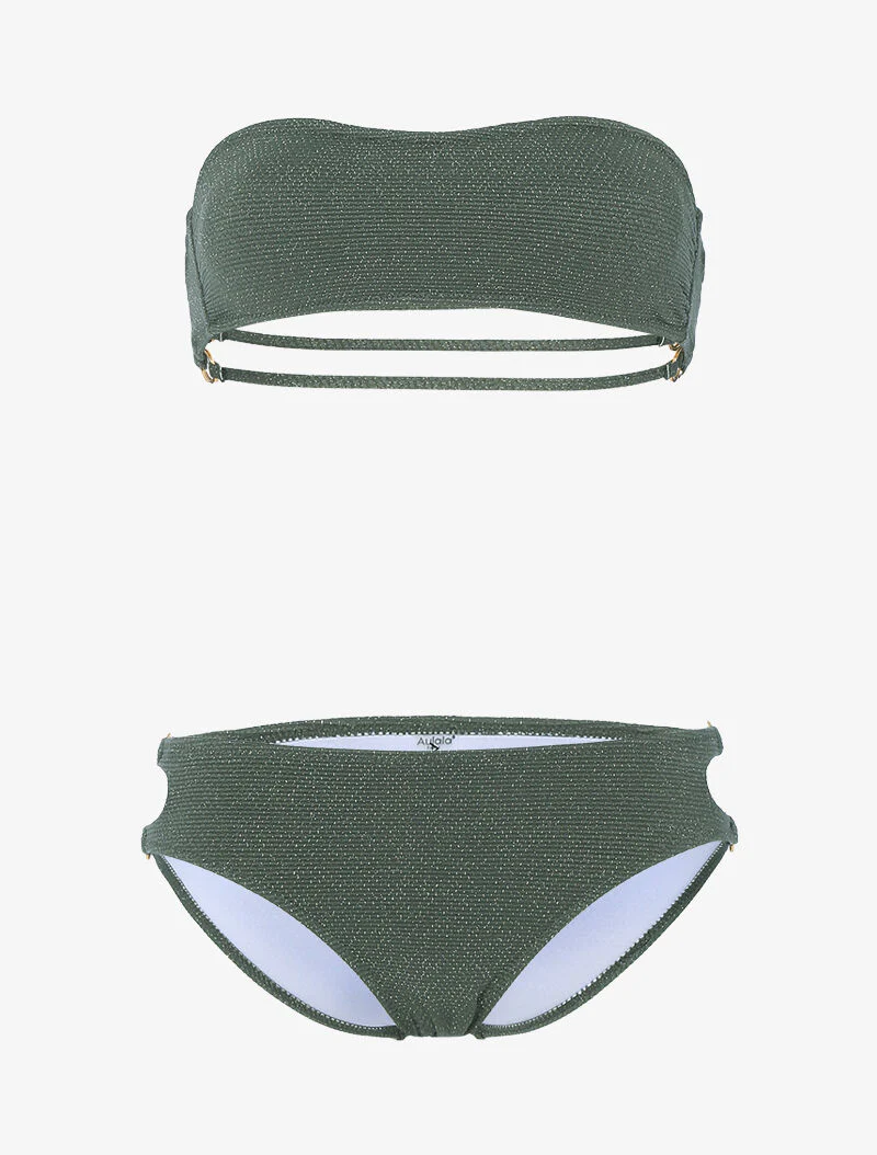 Lamé bandeau bikini met gouden oogjes - kaki