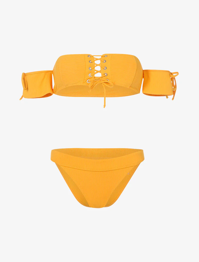 Geribbelde bikini met korset en opengewerkte tanga - mosterdgeel