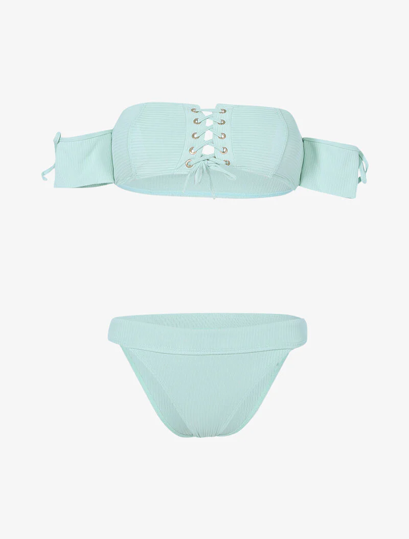 Geribbelde bikini met bustier en opengewerkte tanga - watergroen