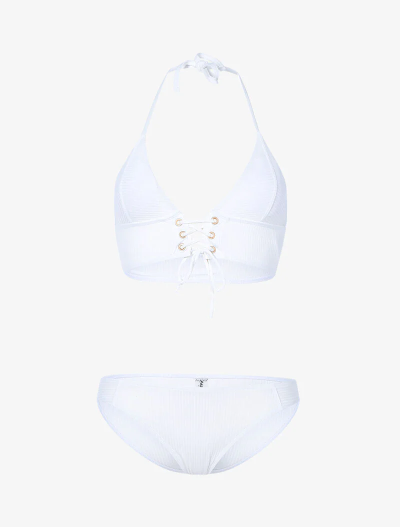 Geribbelde korset driehoek bikini - wit