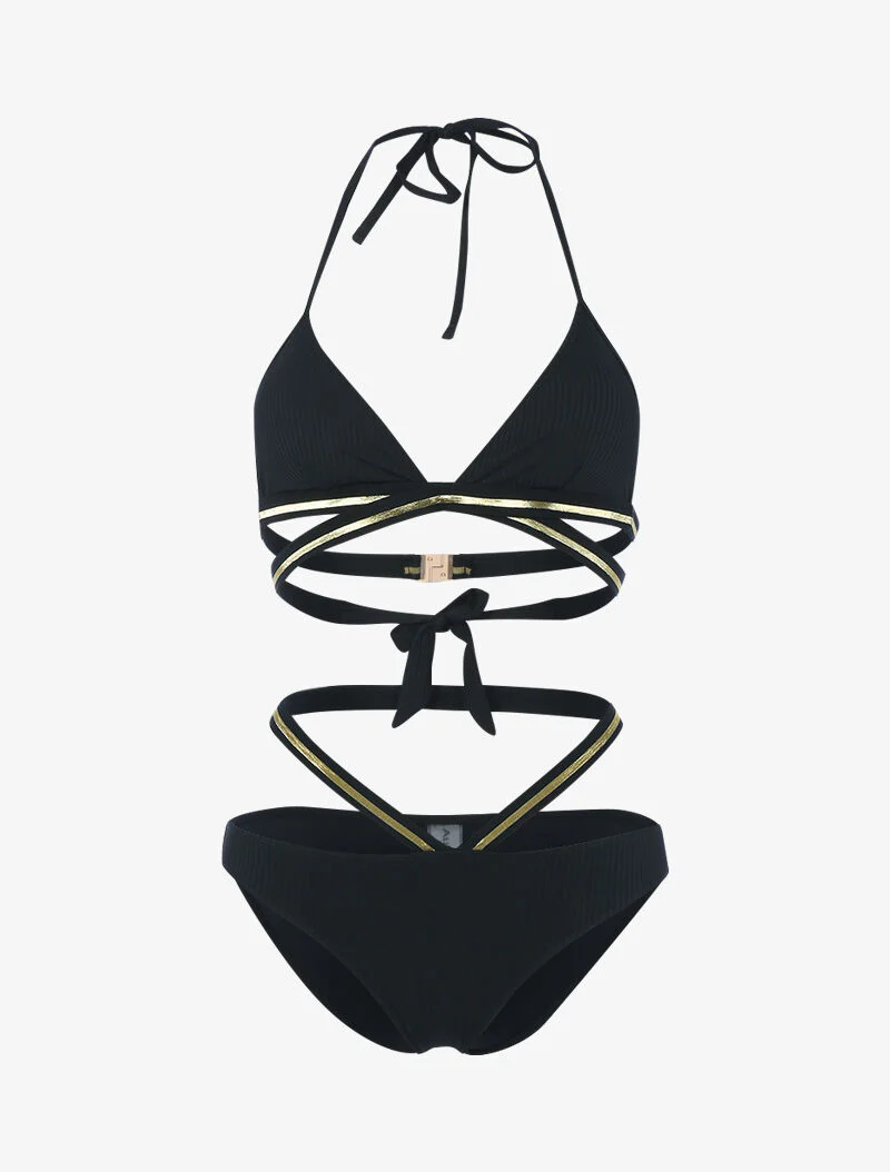 Geribde bikini met gouden banden - zwart