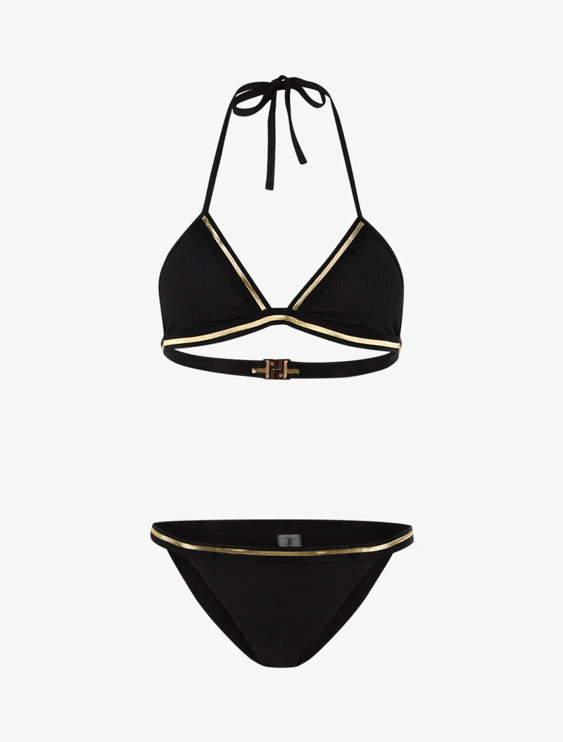 Geribbelde bikini met gouden biezen - zwart/goud