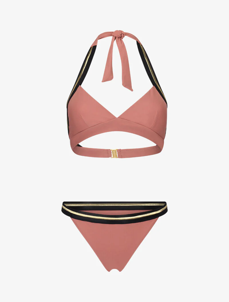 Bikini met gouden bandjes in driehoeksvorm - oudroze