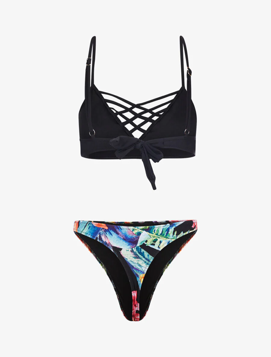 Ongelijk bikini met bloemenprint - Zwart - Image 2