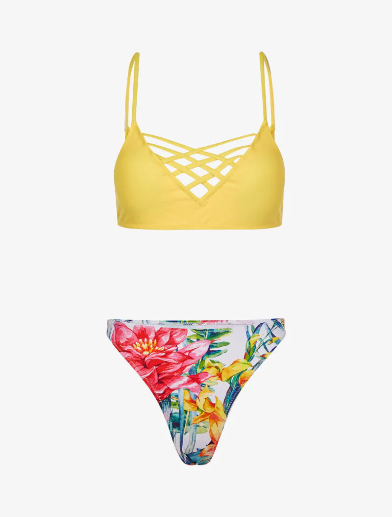 Ongelijk bikini met bloemenprint - geel