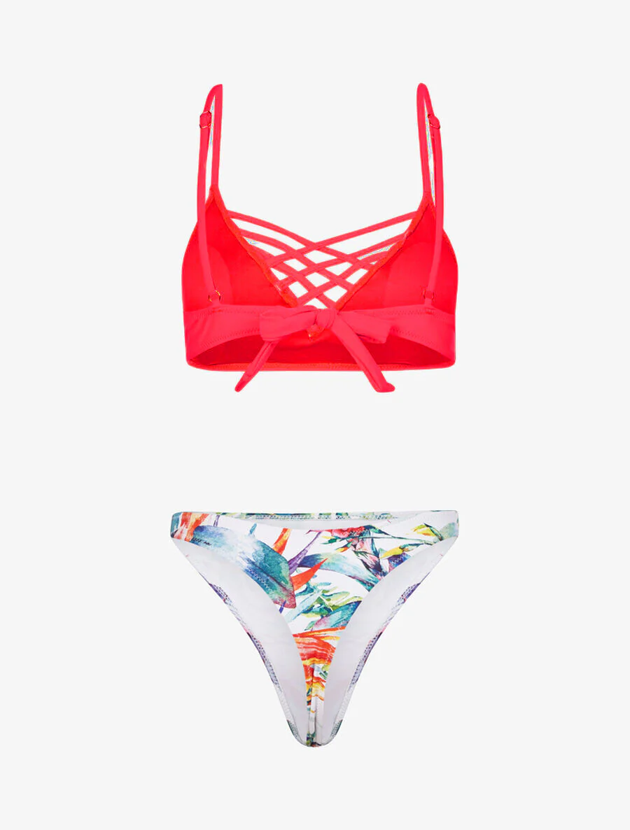 Ongelijk bikini met bloemenprint - Fluor roze - Image 2