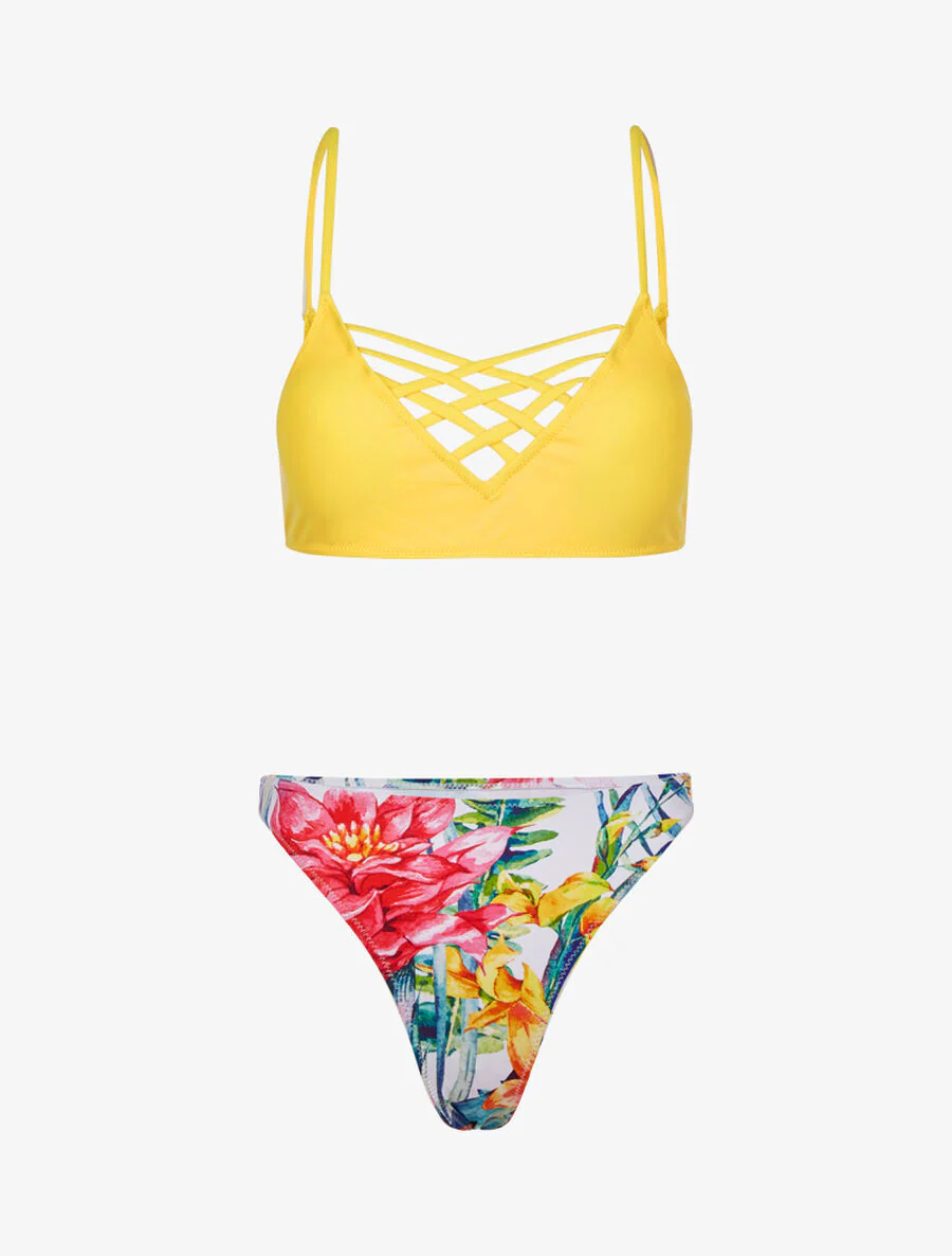 Ongelijk bikini met bloemenprint - Geel - Image 2