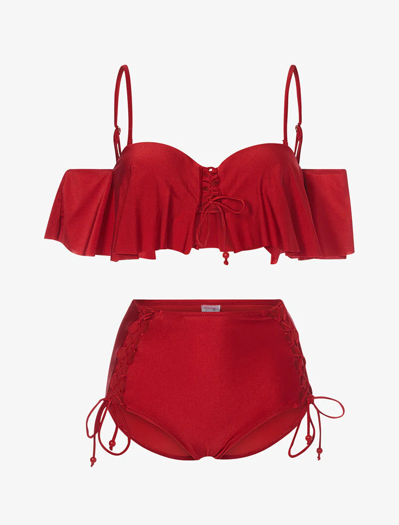 Ruches bikini en hoge taille - rood