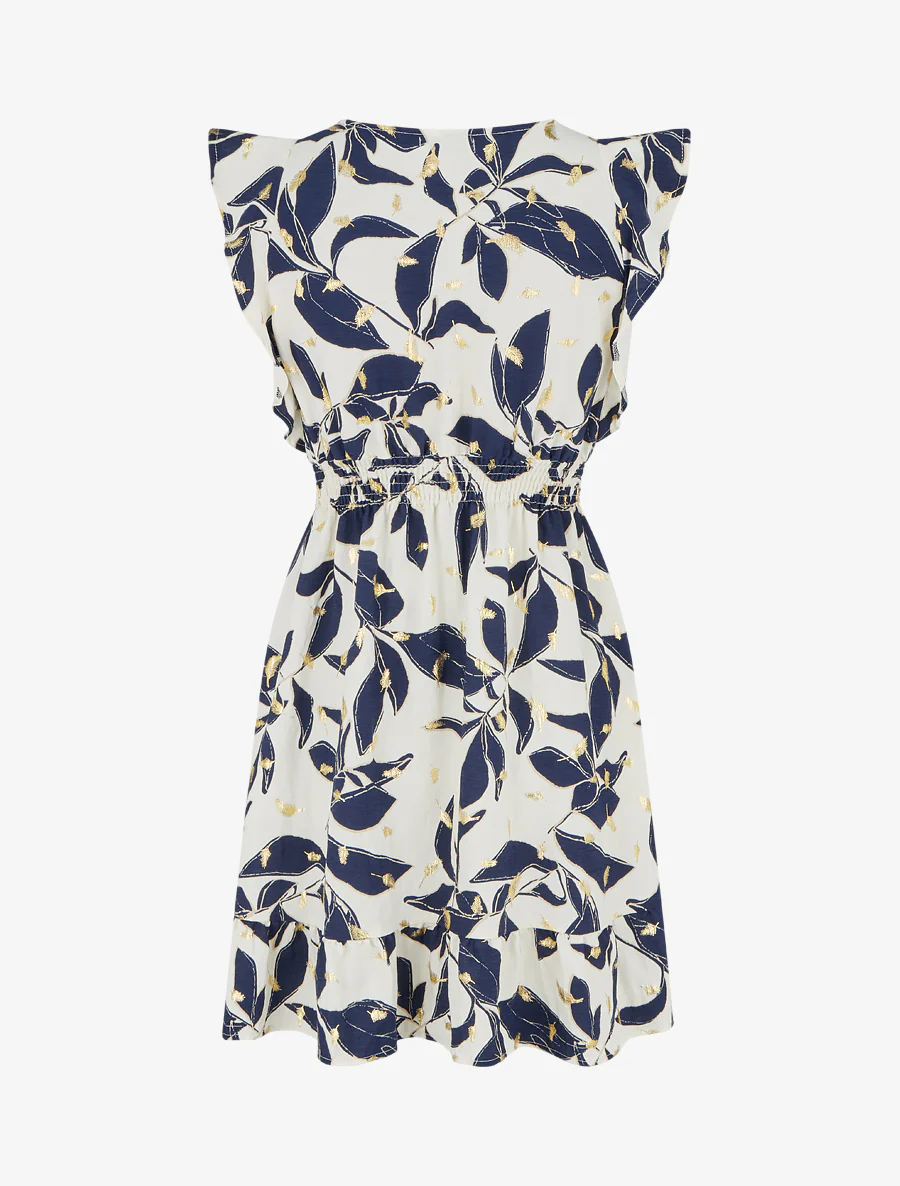 Bladerenprint jurk met elastische taille. - Marine - Image 2