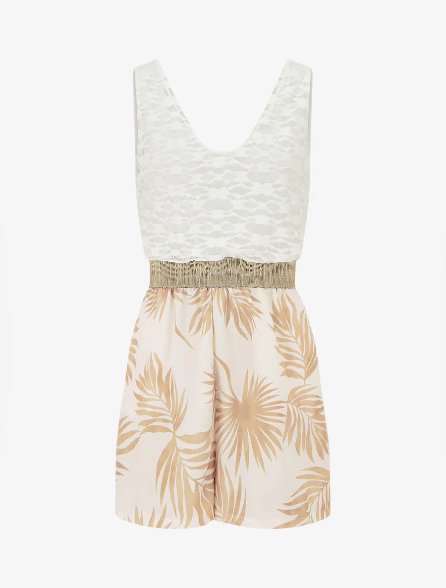 Bladerprint jumpsuit met kanten buste - Licht kameel