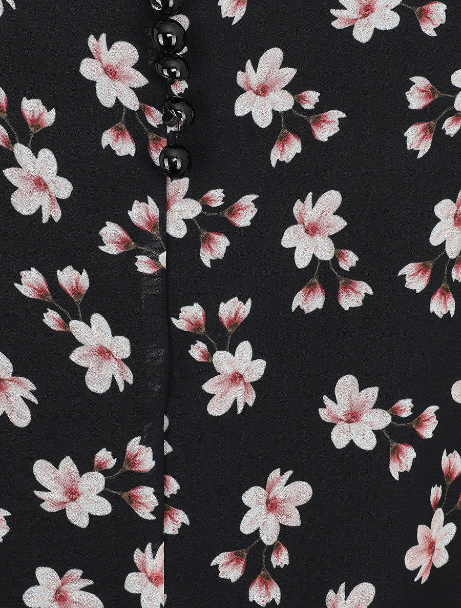 Bloem geprinte blouse met schouderbandjes - Zwart - Image 3