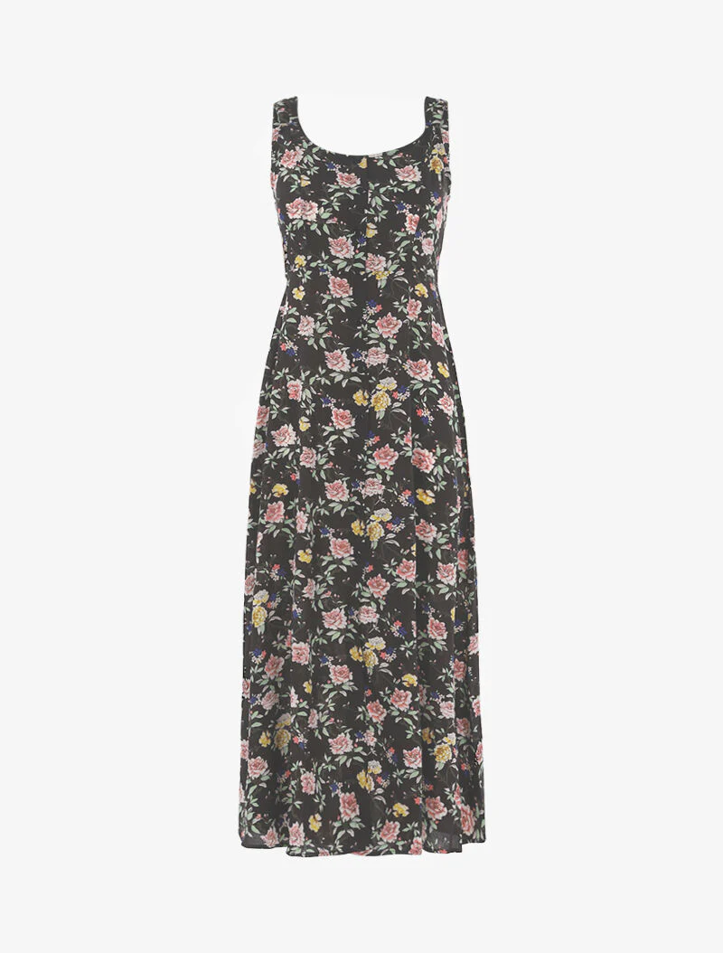 Bloemenjurk met open rug - zwart