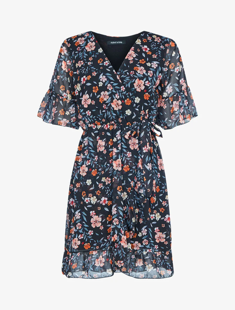 Bloemenjurk met wikkeleffect - zwart