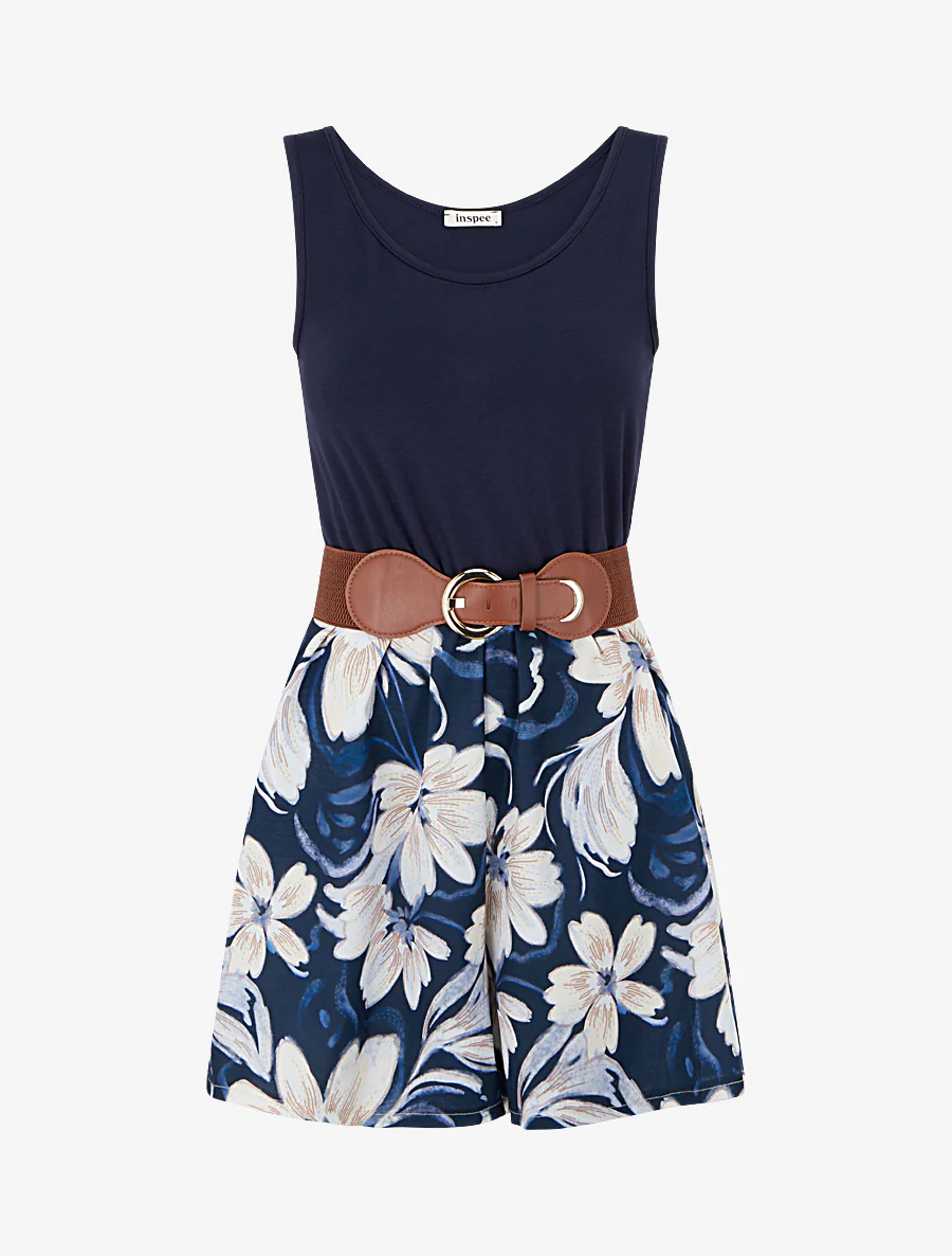Bloemenprint jumpsuit met ceintuur - Marine