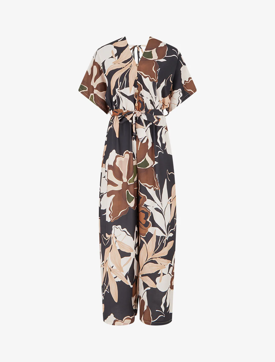 Bloemenprint jumpsuit met elastische tailleband - Zwart