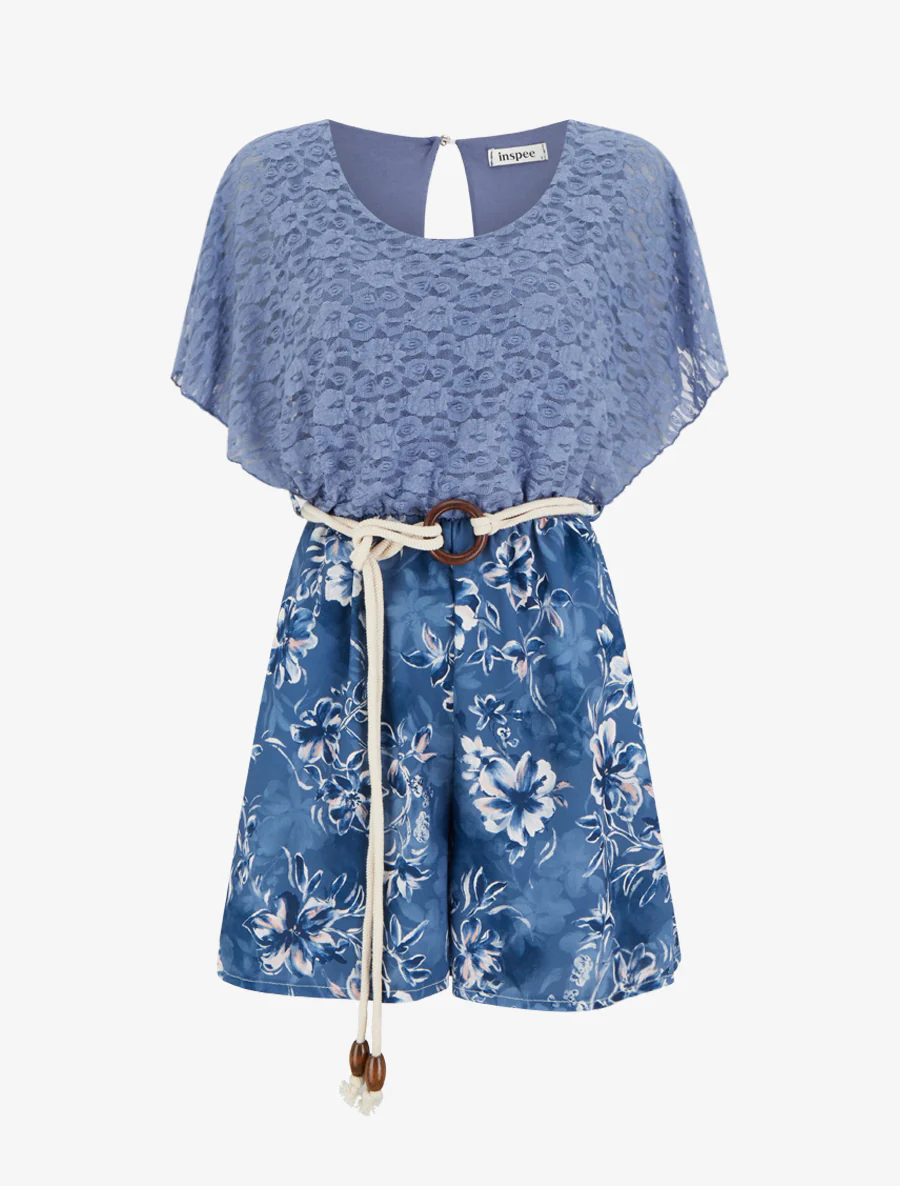 Bloemenprint jumpsuit met kanten bovenstuk - Blauw