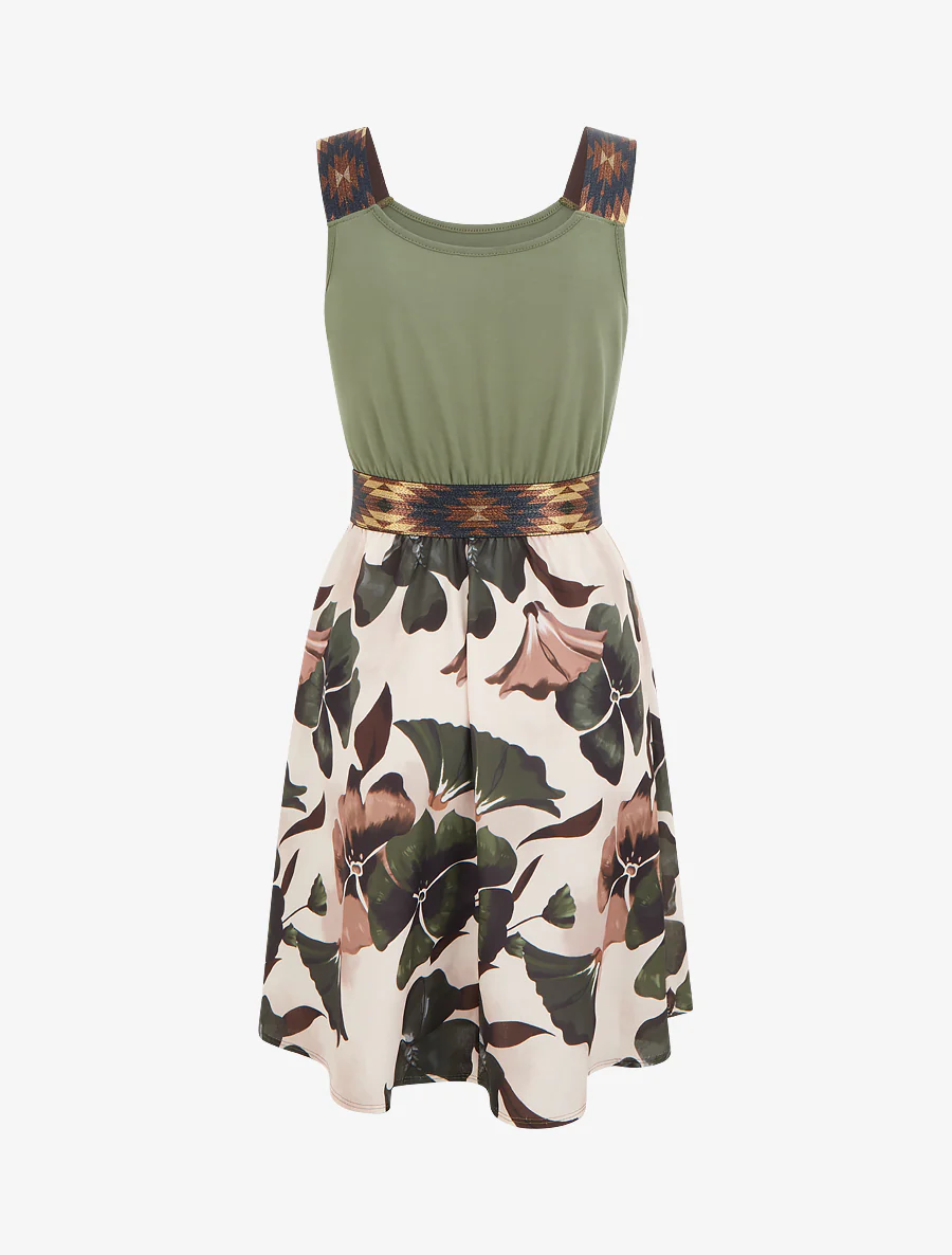 Bloemenprint jurk met elastische tailleband fantasie - Kaki - Image 2