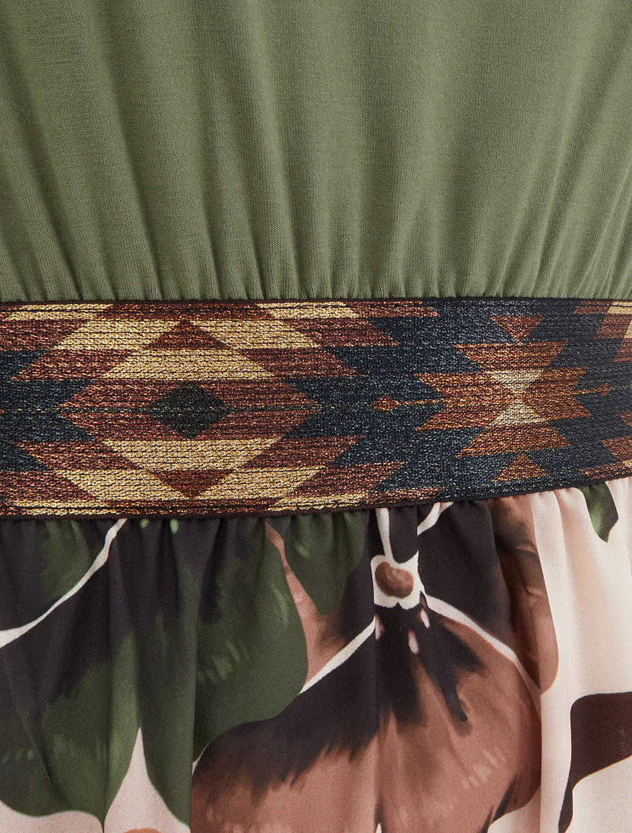 Bloemenprint jurk met elastische tailleband fantasie - Kaki - Image 3
