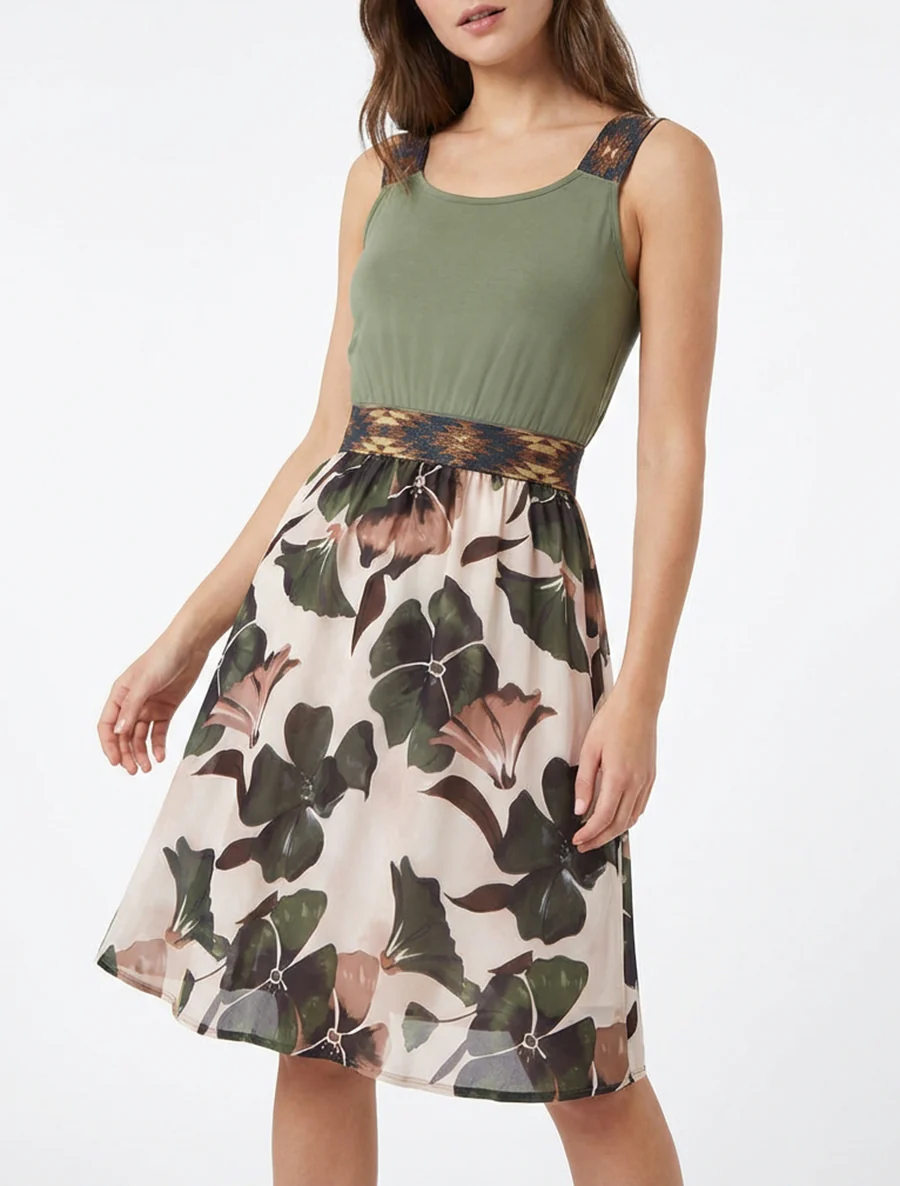 Bloemenprint jurk met elastische tailleband fantasie - Kaki - Image 4