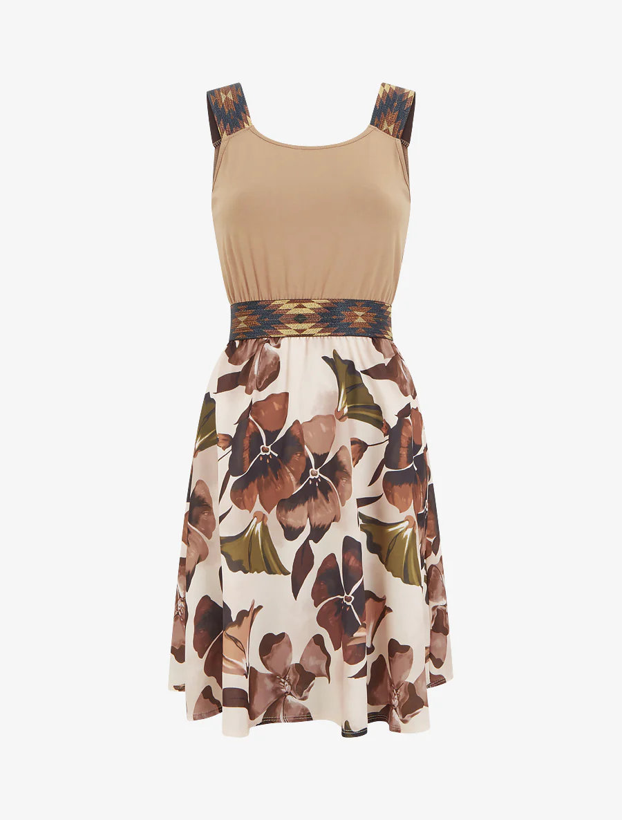 Bloemenprint jurk met elastische tailleband fantasie - Kameel