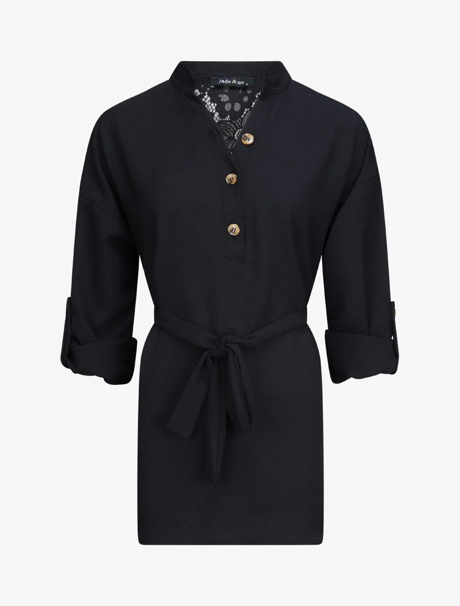 Bloes met shirtstijl en kanten details - Zwart