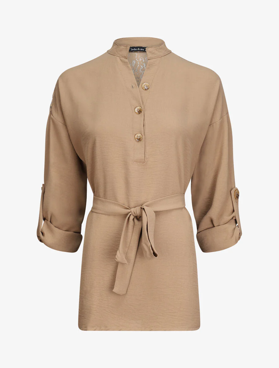 Bloes met shirtstijl en kanten details - Camel