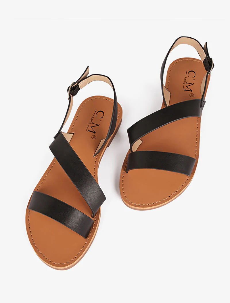 Blote voeten sandalen met brede diagonale band - zwart