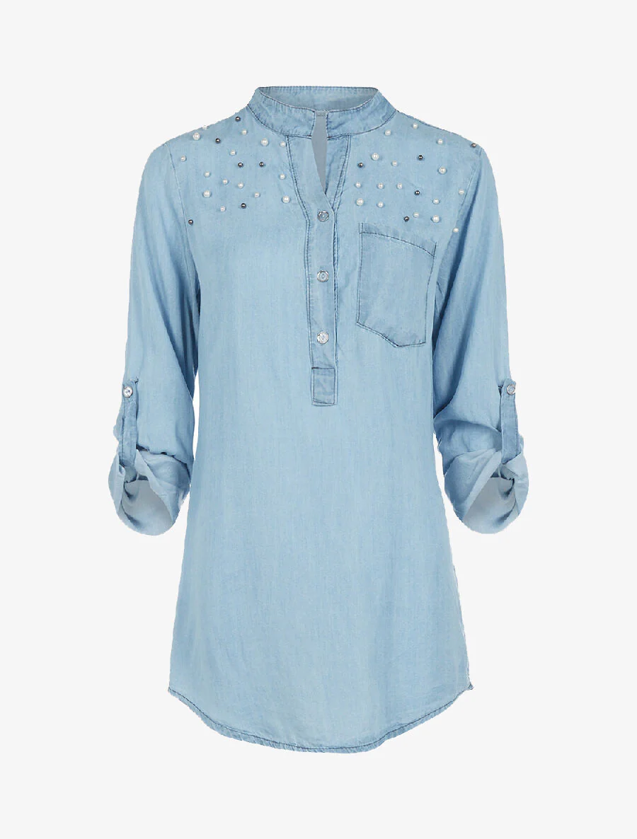 Blouse met parelbuste - licht denim