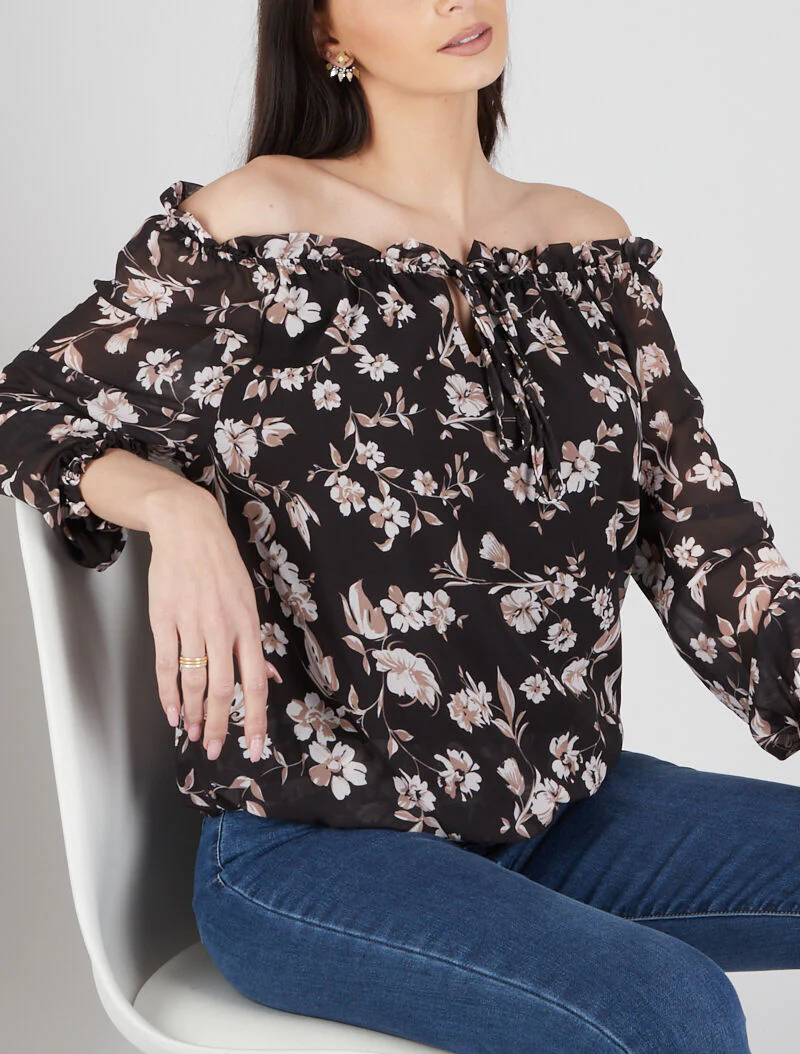 Blouse met bardot-halslijn en bloemenprint - zwart