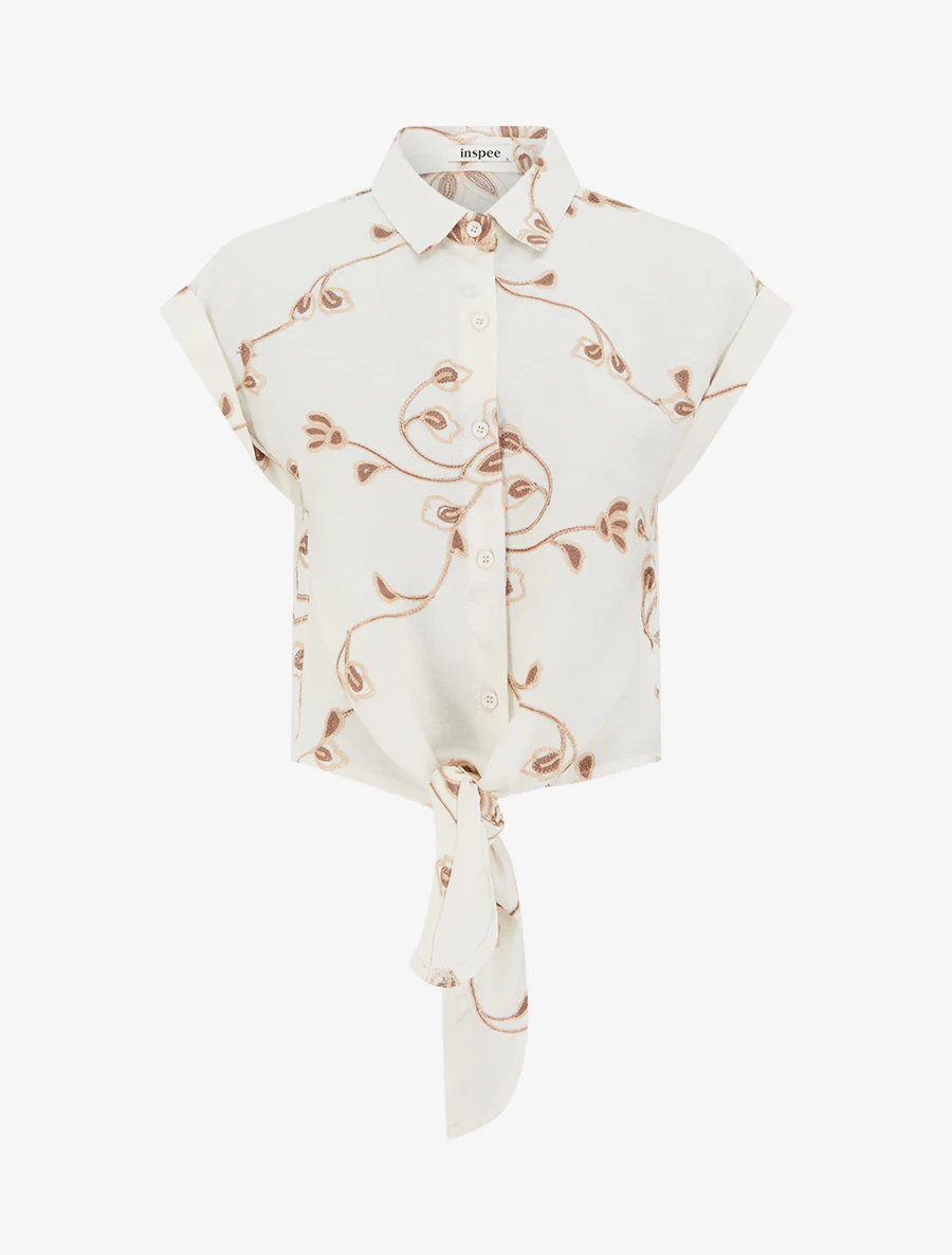 Blouse met bloemenborduursels om te knopen - Ecru