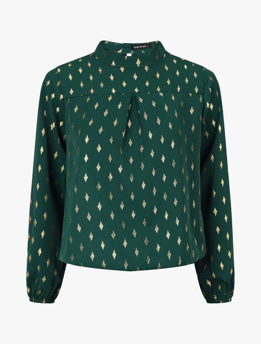 Blouse met hoge kraag en goudkleurige ruitjesprint - groen