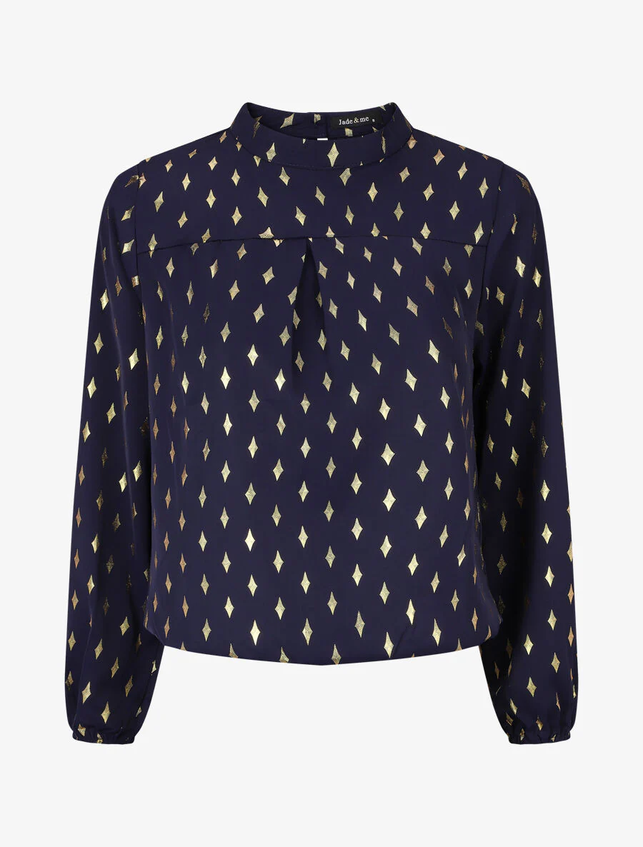 Blouse met hoge kraag en goudkleurige ruitjesprint - Marineblauw