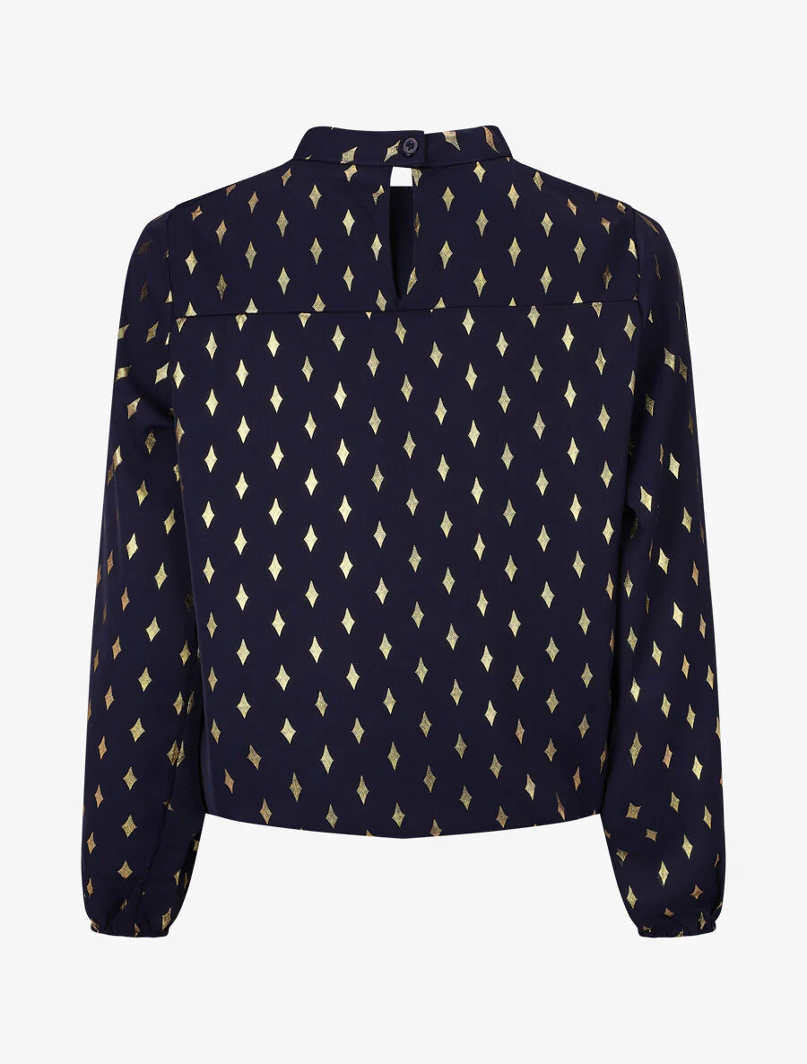 Blouse met hoge kraag en goudkleurige ruitjesprint - Marineblauw - Image 2