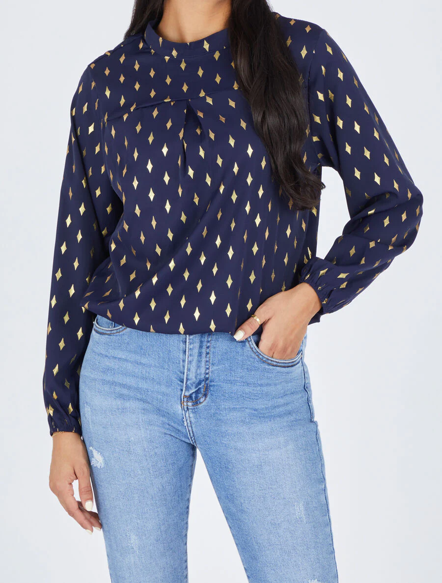 Blouse met hoge kraag en goudkleurige ruitjesprint - Marineblauw - Image 4