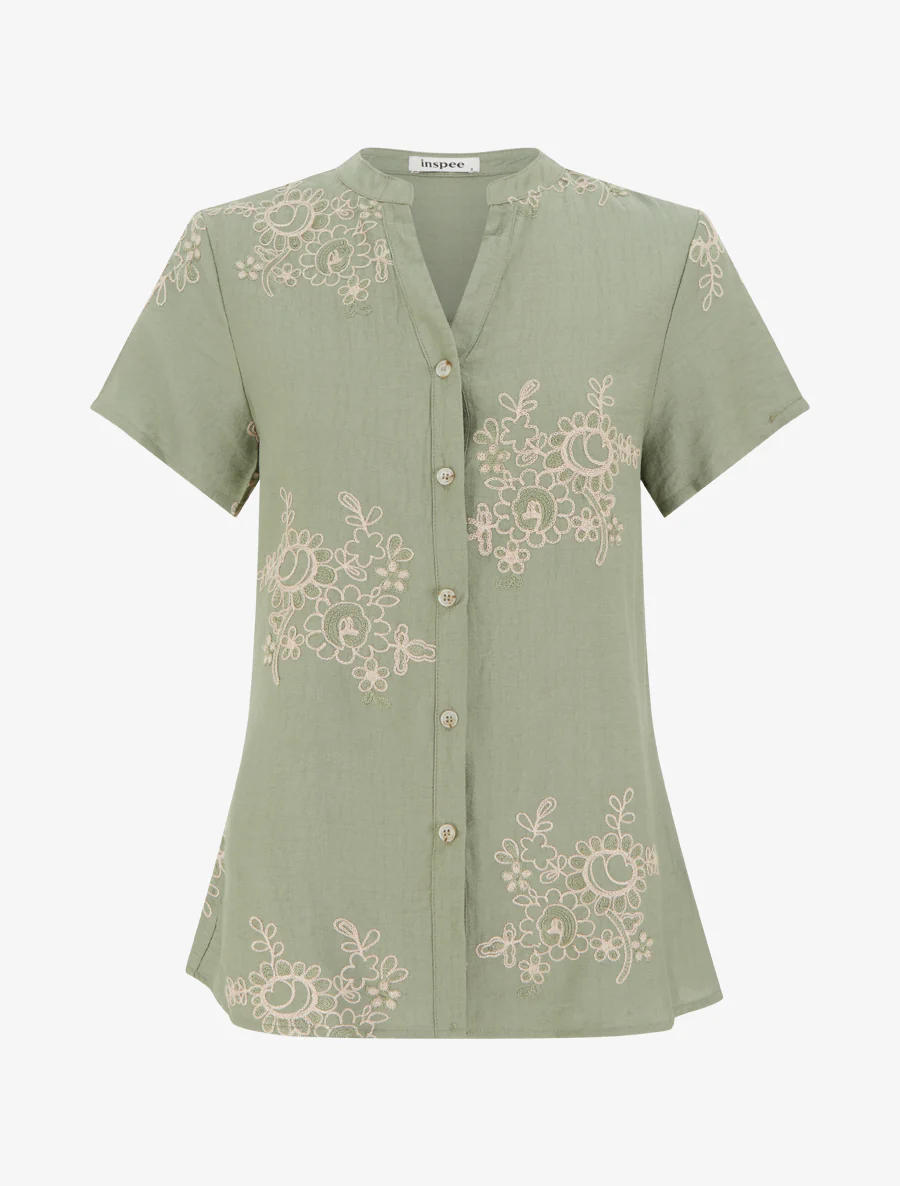Blouse met korte mouwen en bloemenborduursels - Kaki