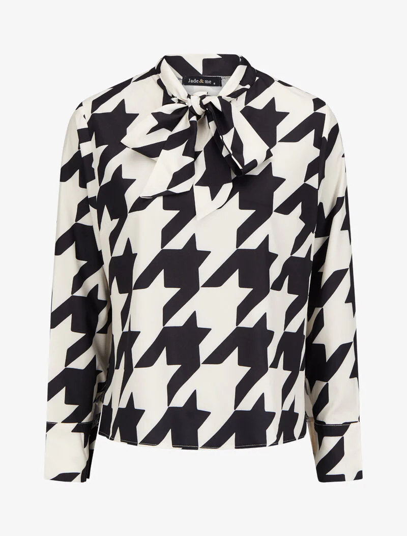 Blouse met lavallière kraag en hanenpoot print - Zwart