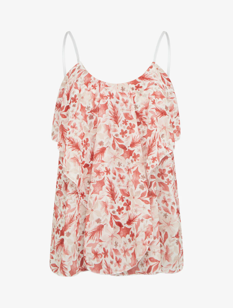 Blouse met ruches en bladprint. - Rood
